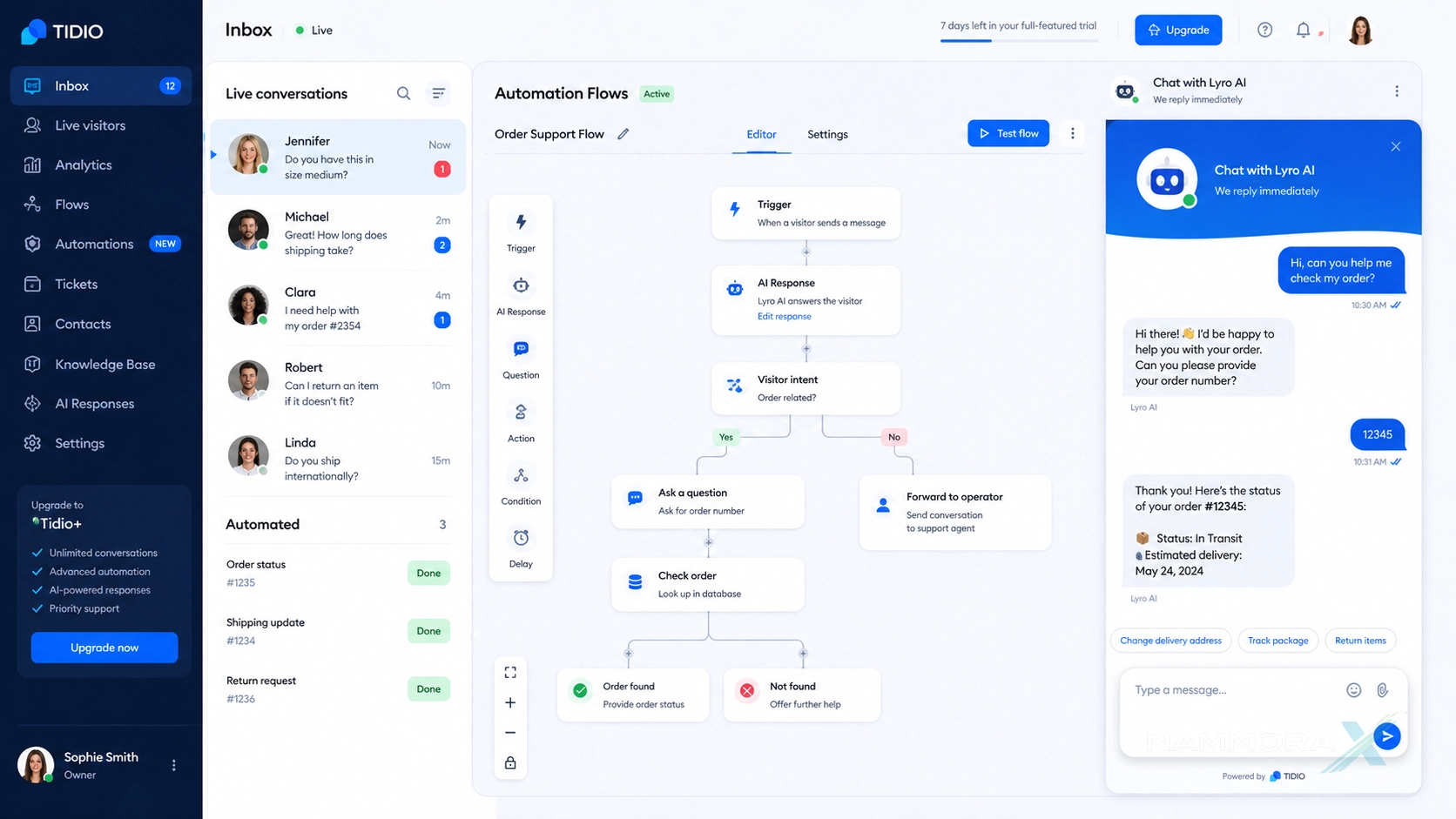 Tidio AI chatbot handling customer enquiries on a business website with WhatsApp integration