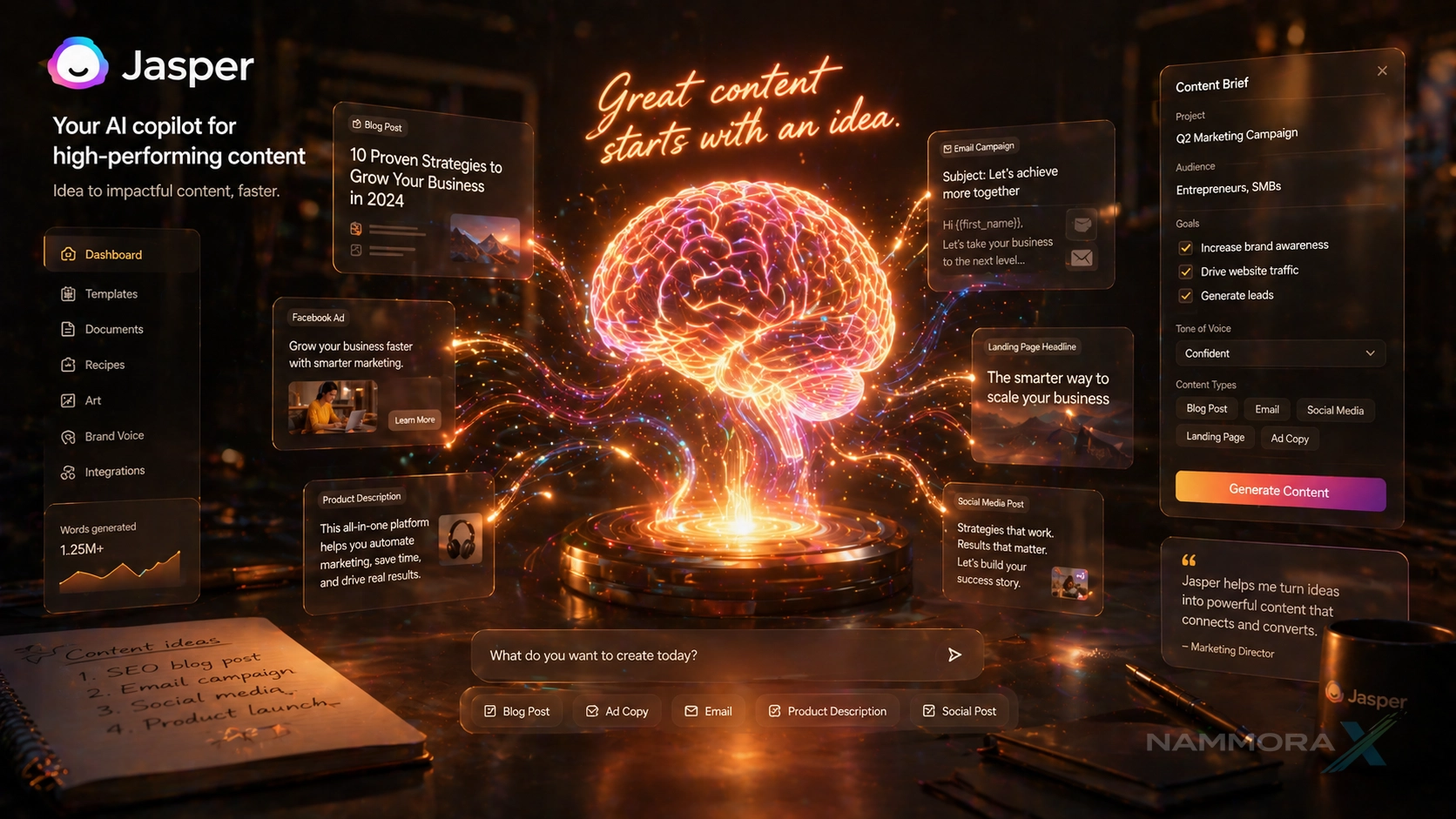 Jasper AI marketing platform generating ad copy and landing page content